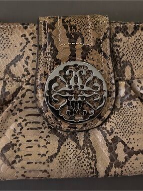 Taupe Snake-Print Clutch Wristlet with Decorative Silver Medallion